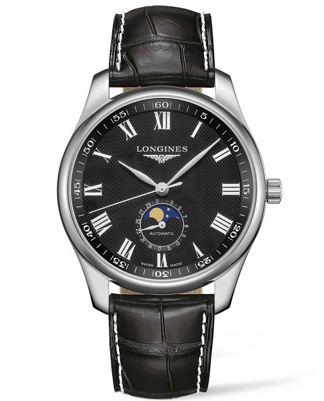 Longines Longines Master Collection L2.919.4.51.7  L29194517 механические мужские часы черный циферблат, браслет кожаный — вид спереди